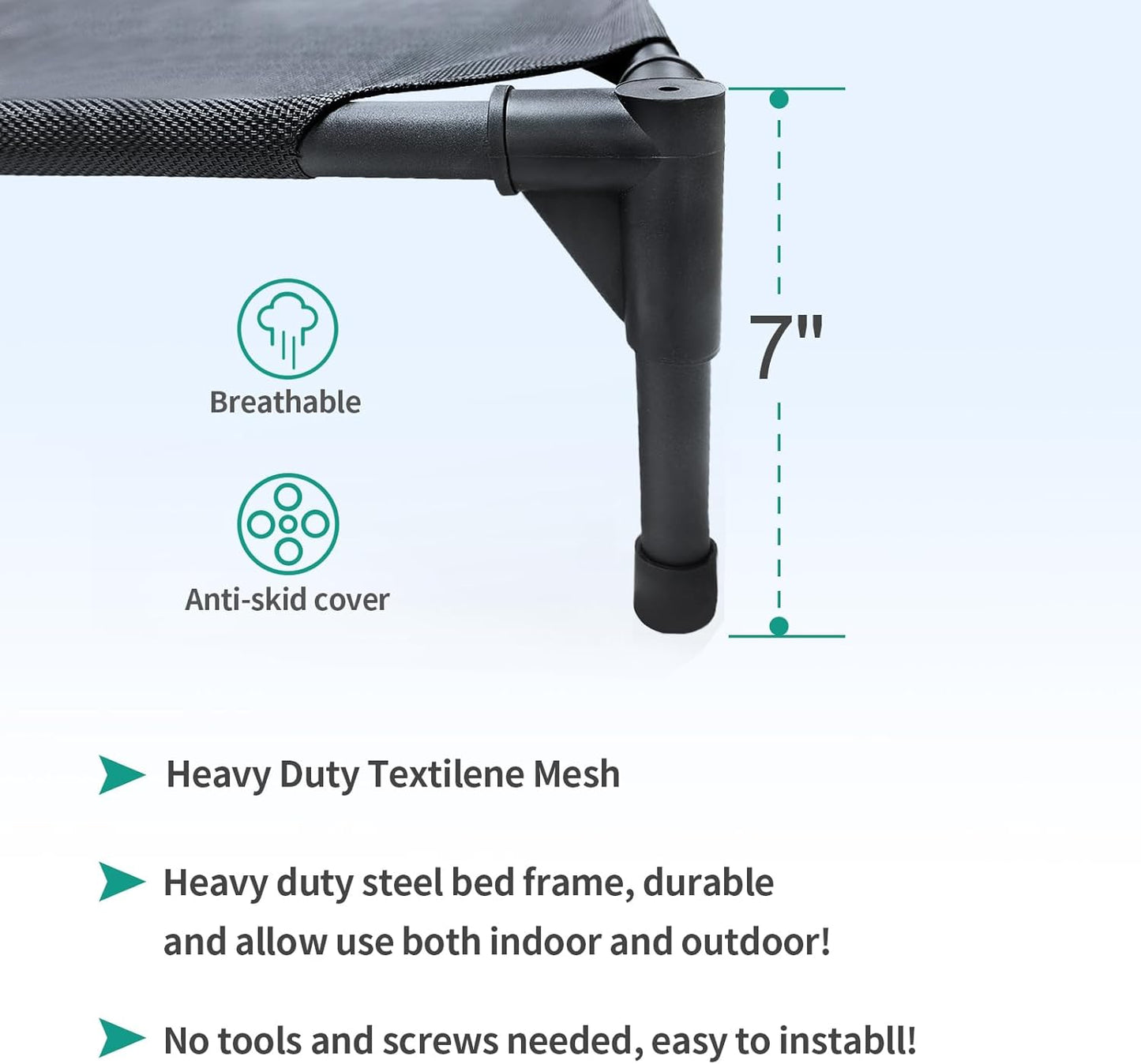 Medium Elevated Outdoor Dog Bed (32x25x8in) β Raised Dog Cot with Waterproof Construction, Breathable Teslin Mesh, Non-Slip Durable Base, Portable Design, Supports Dogs Up to 80 lbs, Black.