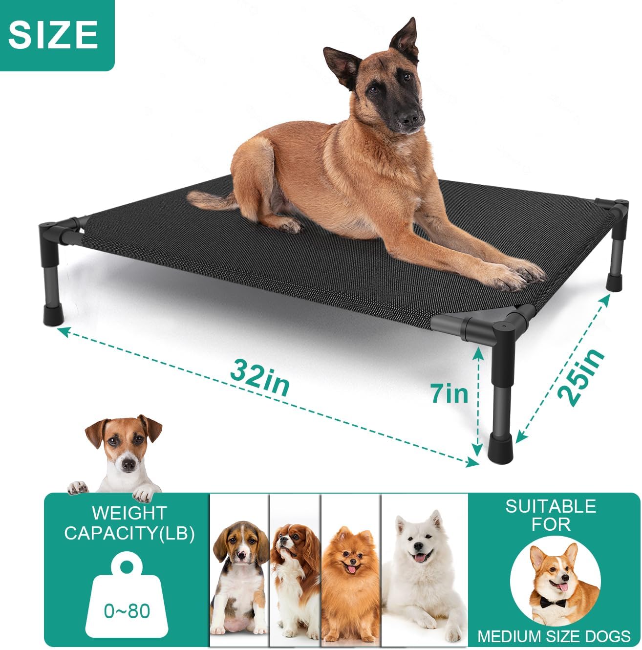 Medium Elevated Outdoor Dog Bed (32x25x8in) β Raised Dog Cot with Waterproof Construction, Breathable Teslin Mesh, Non-Slip Durable Base, Portable Design, Supports Dogs Up to 80 lbs, Black.