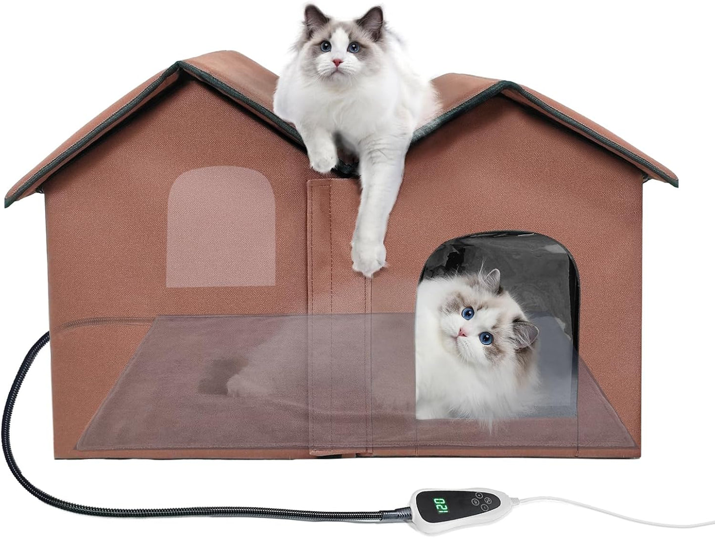 Large Heated Cat House with Intelligent Thermostat β Foldable Insulated Shelter for Indoor/Outdoor Cats, Double Rooms & 2 Doors, Removable Heating Pad, All-Season Use