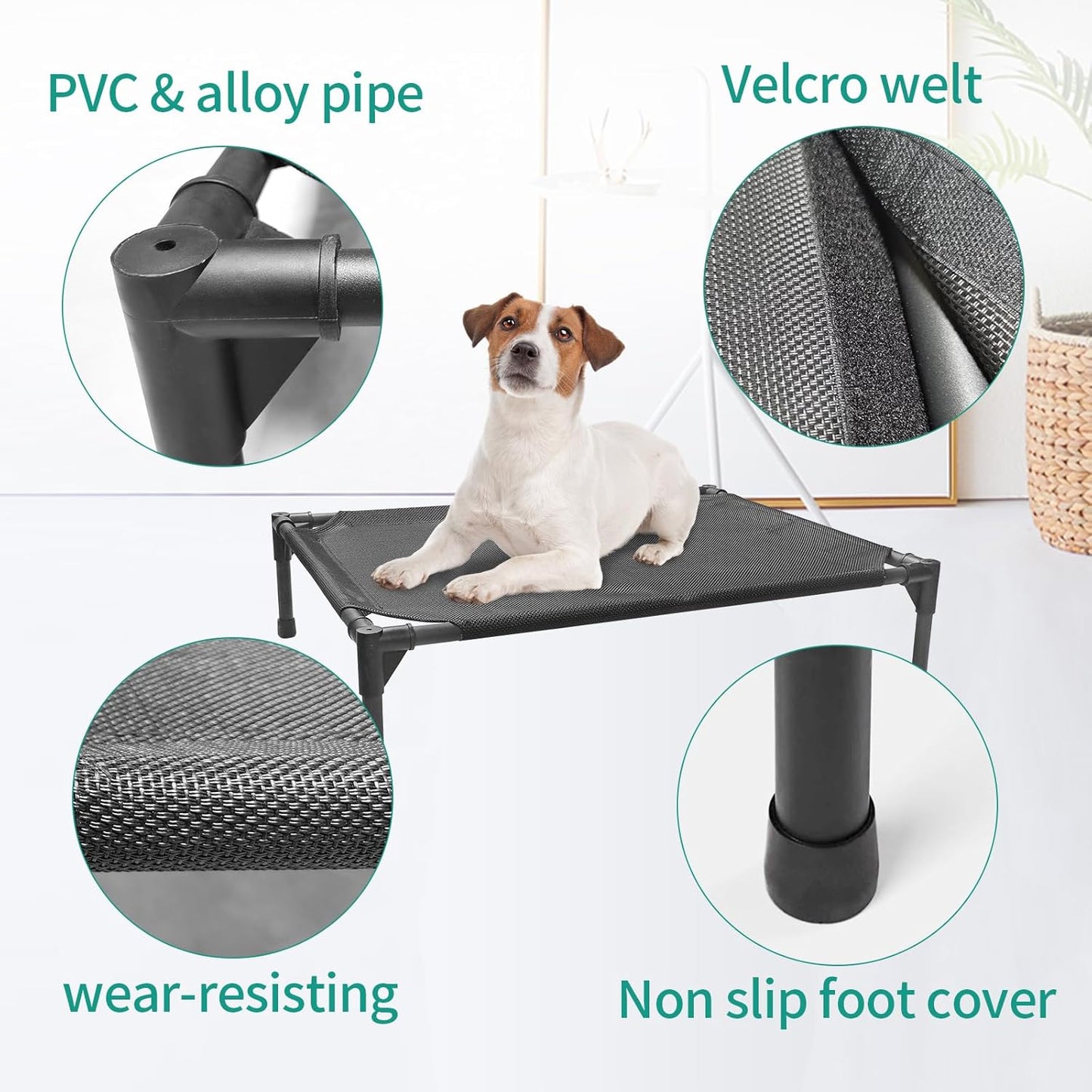Medium Elevated Outdoor Dog Bed (32x25x8in) β Raised Dog Cot with Waterproof Construction, Breathable Teslin Mesh, Non-Slip Durable Base, Portable Design, Supports Dogs Up to 80 lbs, Black.