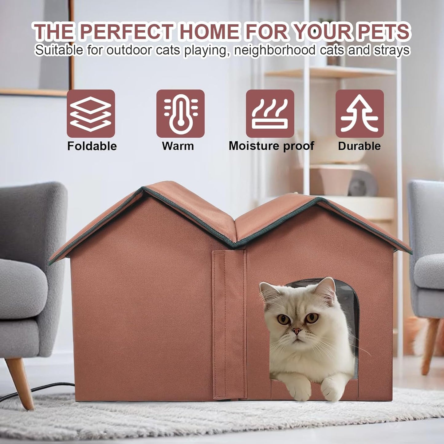 Large Heated Cat House with Intelligent Thermostat β Foldable Insulated Shelter for Indoor/Outdoor Cats, Double Rooms & 2 Doors, Removable Heating Pad, All-Season Use