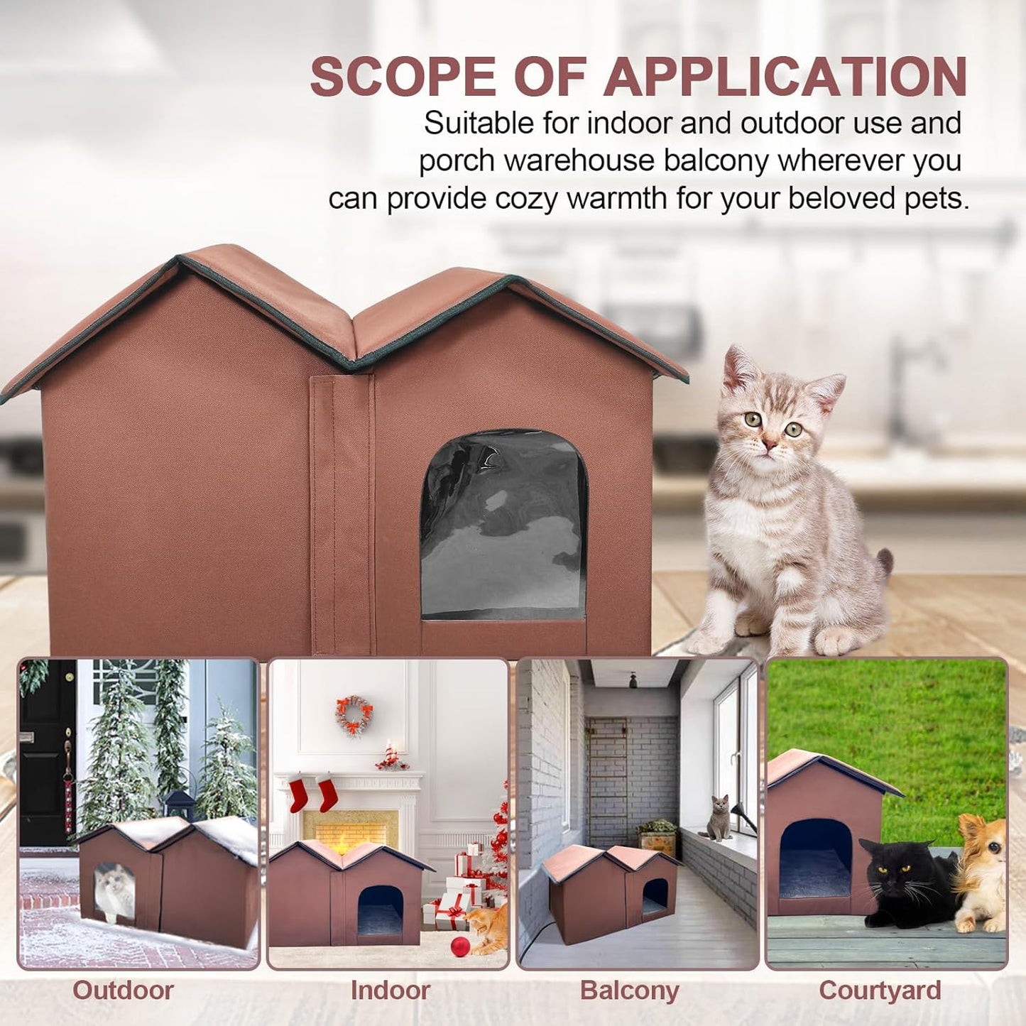 Large Heated Cat House with Intelligent Thermostat β Foldable Insulated Shelter for Indoor/Outdoor Cats, Double Rooms & 2 Doors, Removable Heating Pad, All-Season Use