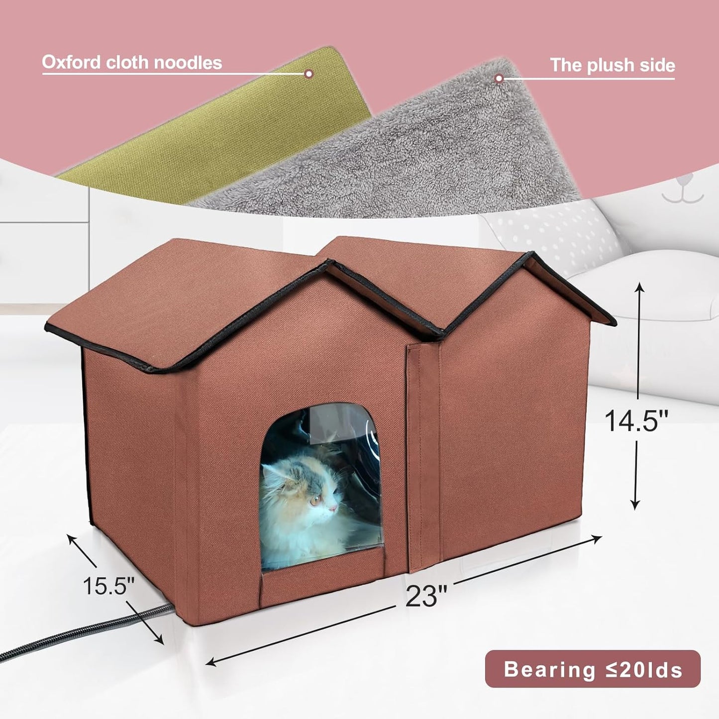 Large Heated Cat House with Intelligent Thermostat β Foldable Insulated Shelter for Indoor/Outdoor Cats, Double Rooms & 2 Doors, Removable Heating Pad, All-Season Use