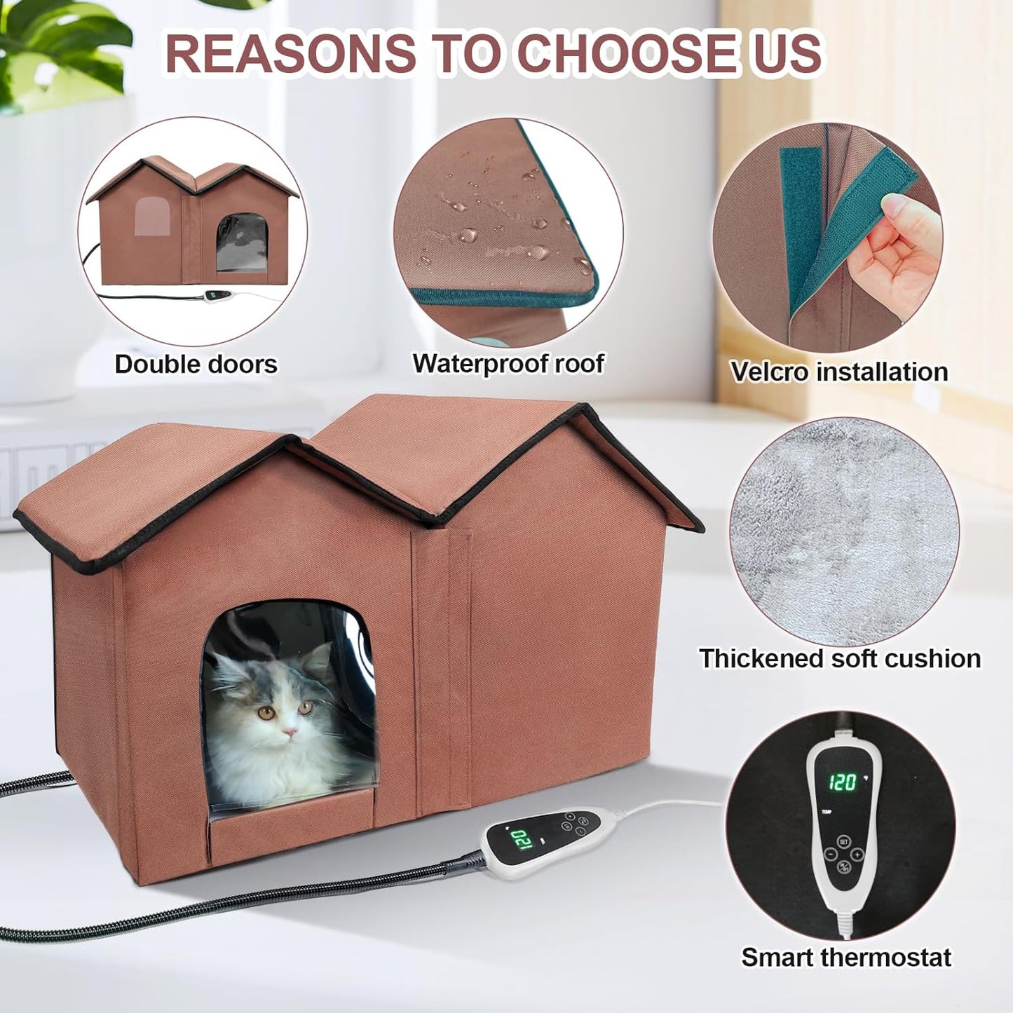 Large Heated Cat House with Intelligent Thermostat β Foldable Insulated Shelter for Indoor/Outdoor Cats, Double Rooms & 2 Doors, Removable Heating Pad, All-Season Use